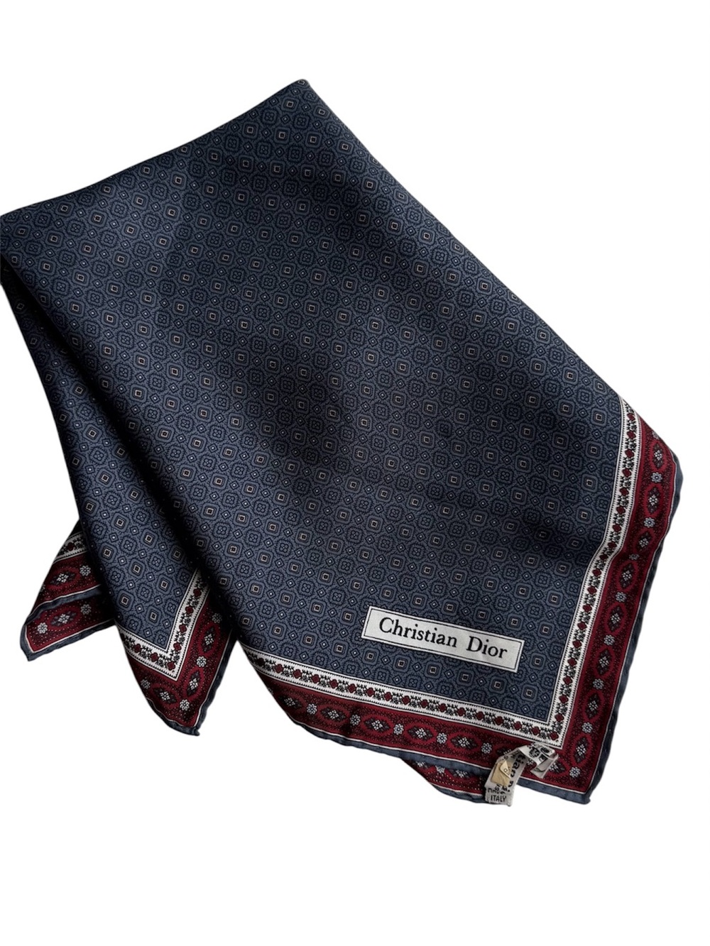 Vintage Dior Blue 100% Silk Scarf with Red Accent